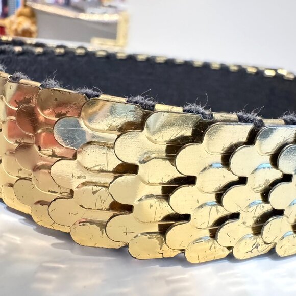 Gold-Tone Vtg  Mermaid Scale Stretch Belt Faux Green Gem Buckle 29" Adjustable - Picture 8 of 8